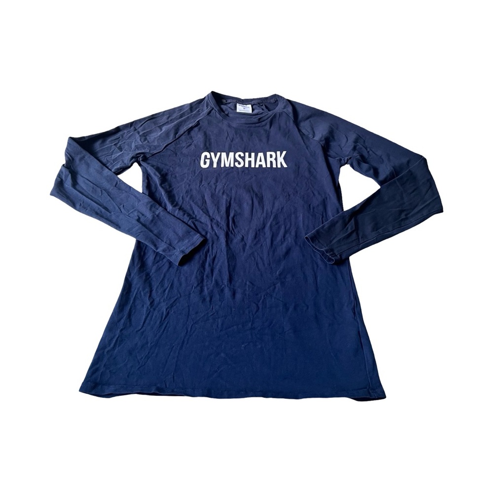 Gymshark Womans White Logo Long Sleeve Tee Size Mediumโ Navy Blue Workout